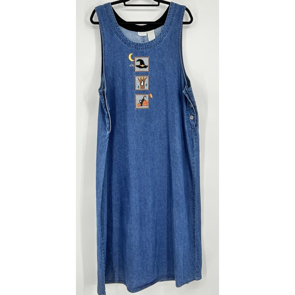 Vintage Halloween Denim Jumper Maxi Dress XL 16 18 Embroidery Witch Cat Novelty